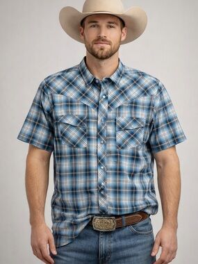 Wrangler Western Pearl Snap Shirt Blue Plaid Short Sleeve Men’s L Cowboy Rodeo